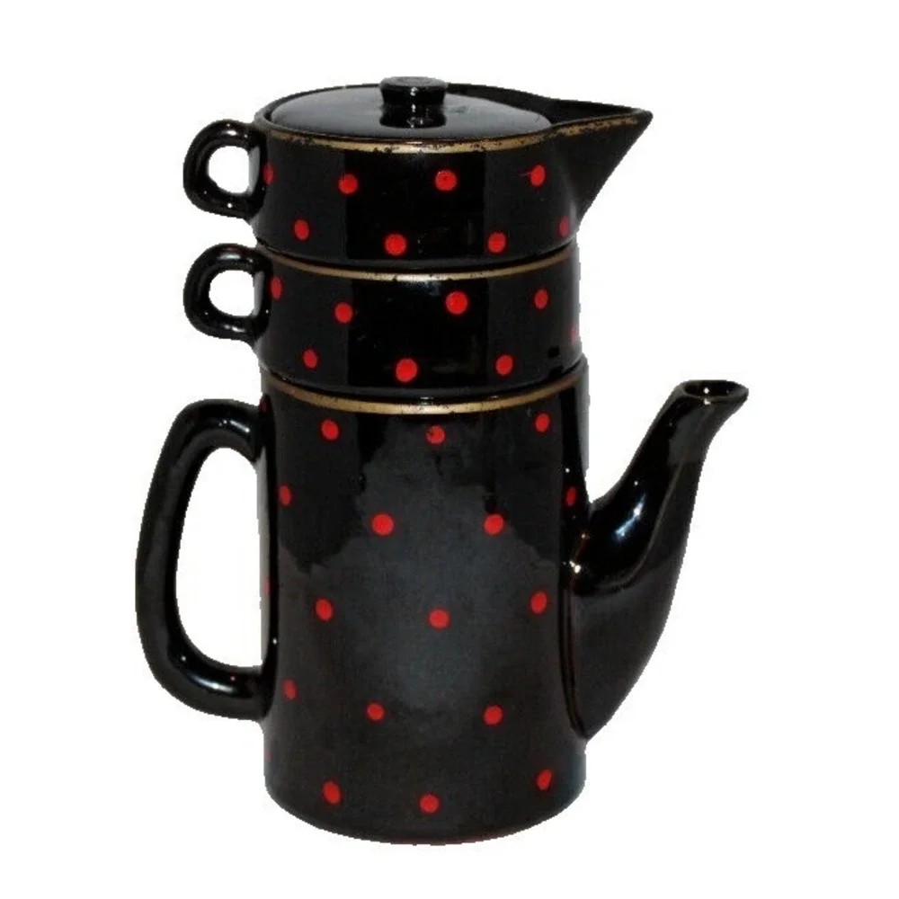 vintage 3 stack tea pot with creamer & cup black red polka dots gold trim Japan